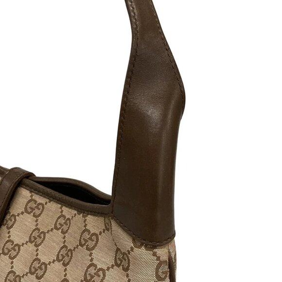 Auth GUCCI - 14057 Dark Brown Beige Jacquard Leather Handbag - Picture 11 of 16